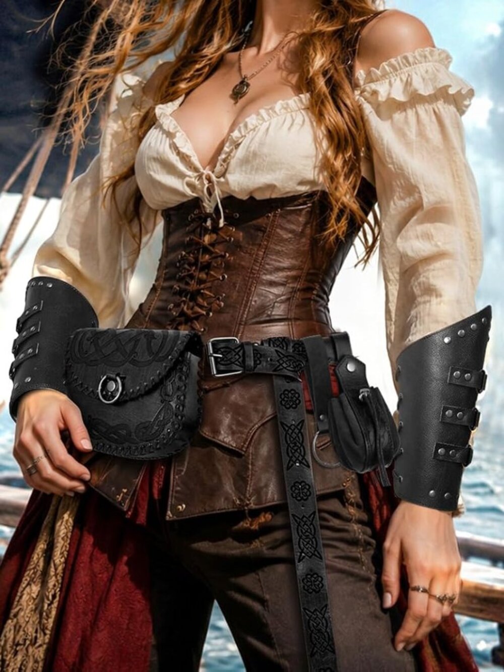 Black Renaissance Belt Pouch Viking Embossed Bag 6PCS